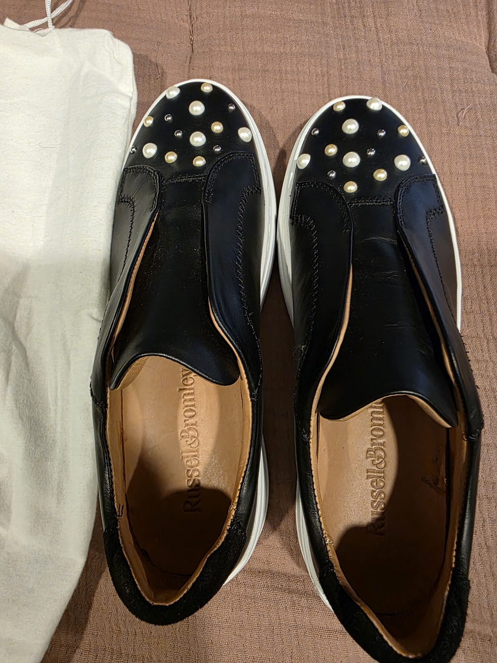 Russell & Bromley Black Pearl-Embellished Platform Slip-Ons